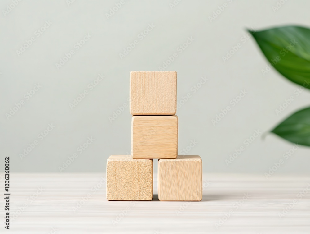 Poster stacked wooden blocks arranged in a minimalist setting with greenery