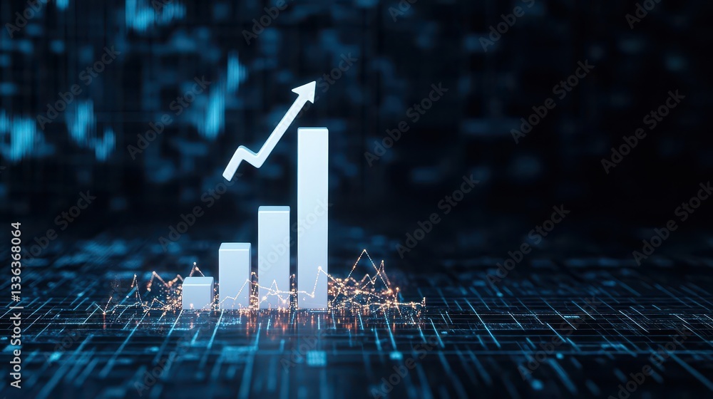 Fototapete a white 3d bar graph rising upward, an arrow pointing upward with glowing lines surrounding the grap