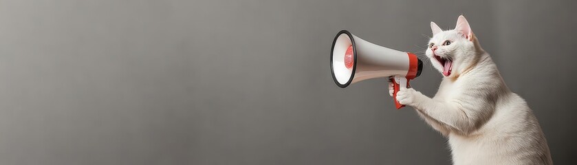 Fototapeta premium A white cat shouts into a megaphone, announcing discounts or promotional offers Pet holds a bullhorn in its paw with free space for product placement or advertising text