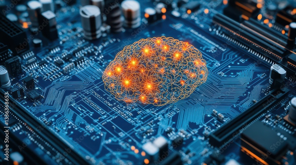 Aufkleber a wireframe brain with orange light nodes, embedded in a complex network of circuits on a blue elect