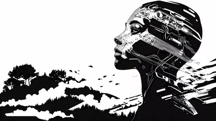 Obraz premium A sci-fi inspired cybernetic woman with biomechanical enhancements and a robotic exoskeleton, symbolizing human-machine evolution in a futuristic book illustration style.