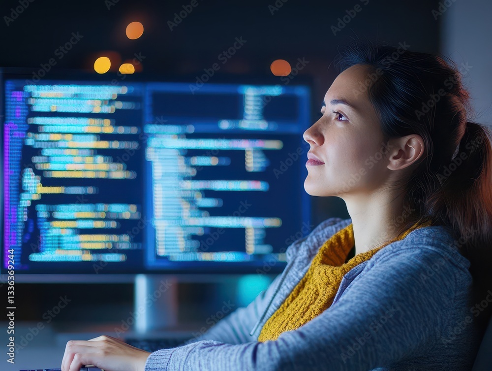 Poster A woman sits in front of a computer monitor, possibly working or browsing