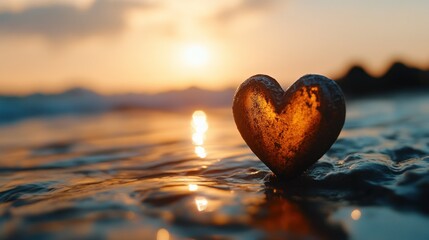 Fototapeta premium A heart shaped stone rests at the beach at sunset