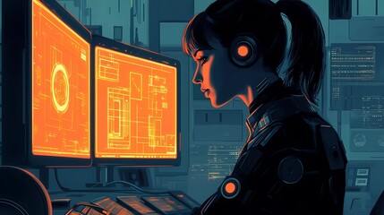 A sci-fi inspired cybernetic woman with biomechanical enhancements and a robotic exoskeleton, symbolizing human-machine evolution in a futuristic book illustration style.