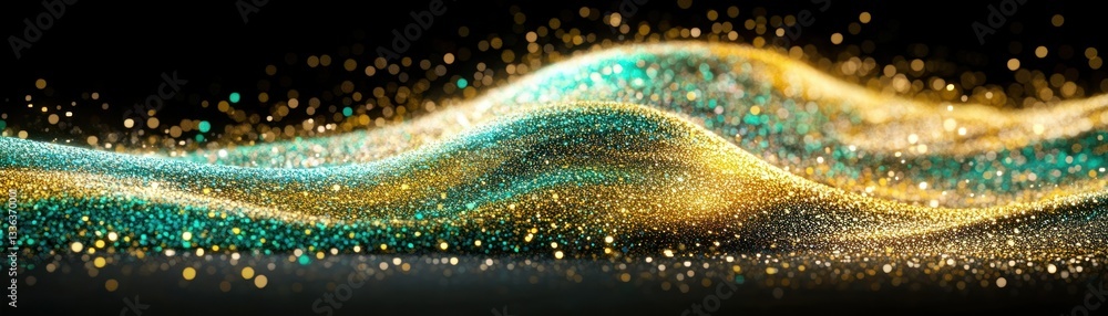 Poster glittering teal and gold particles flowing and forming wavy patterns