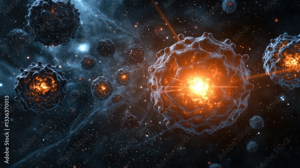 Poster luminous spheres float among a dark starry cosmic celestial scene