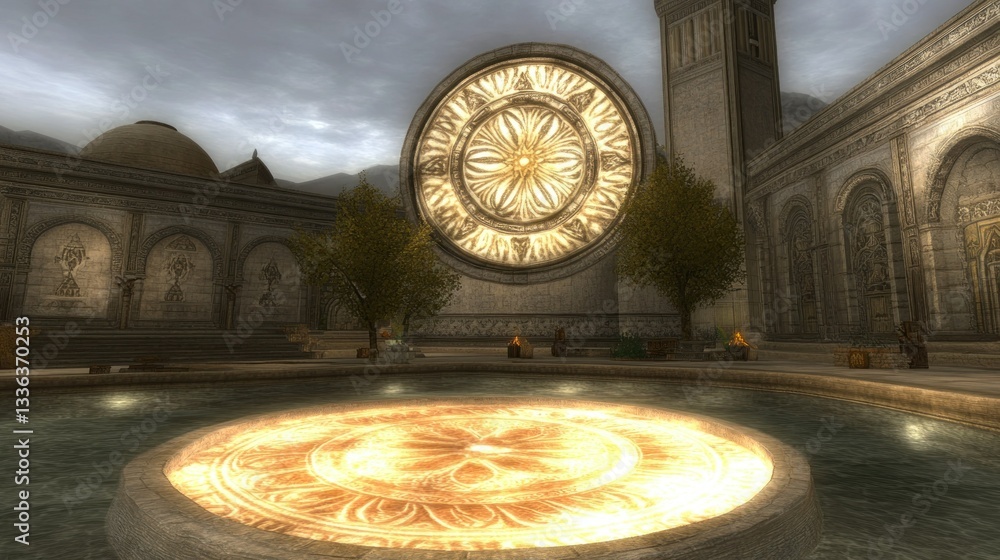 Poster A large building complex with a circular illuminated symbol