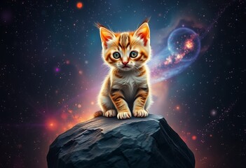 Cute Kitten Sitting on Rock with Fantasy Galaxy Space Background