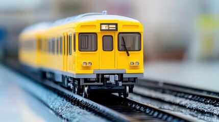 A yellow passenger train car on a black railway track isolated on a white background
