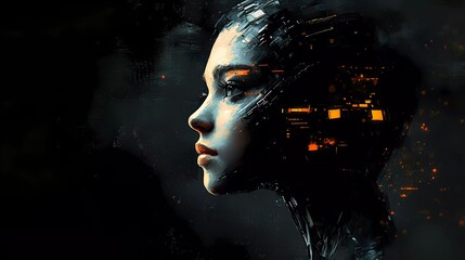 A cybernetic female with biomechanical implants and digital enhancements, representing advanced robotics and transhumanism in a futuristic comic book illustration style.