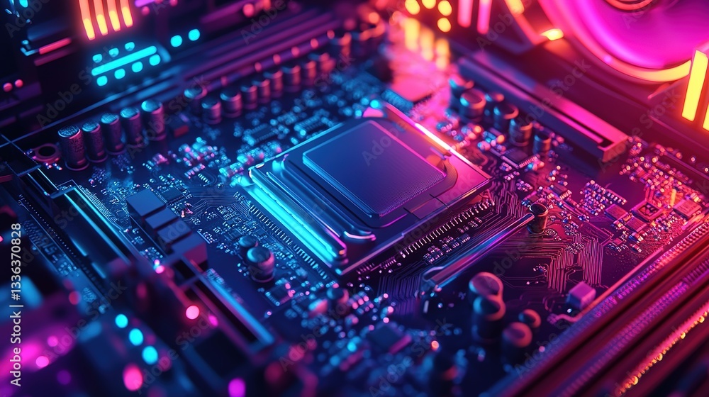 Poster illuminated rgb computer components closeup with cooling fans and colorful circuit design , full hd,