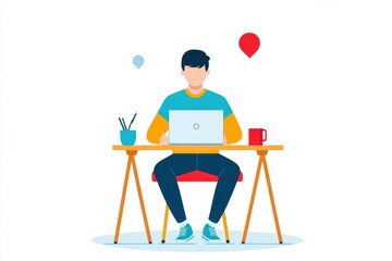 Fototapeta premium A young freelancer boy with Working a laptop at a personal home desk