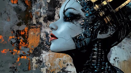 A cybernetic female with biomechanical implants and digital enhancements, representing advanced robotics and transhumanism in a futuristic comic book illustration style.