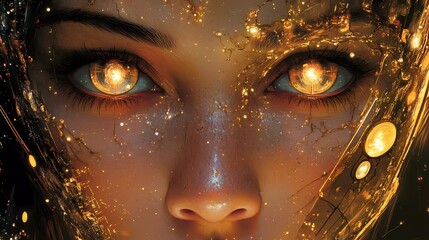 A cybernetic female with biomechanical implants and digital enhancements, representing advanced robotics and transhumanism in a futuristic comic book illustration style.