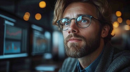 Thoughtful young man analyzing data on computer screen in office
