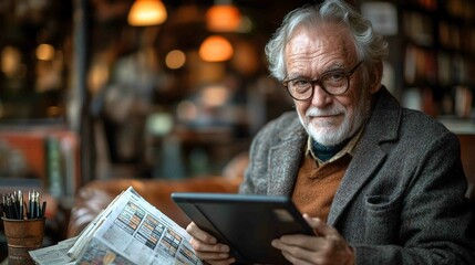 Elderly Man Reading News and Using Tablet in Cozy Cafe Environment