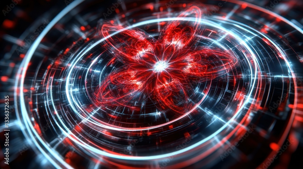 Poster a red and blue glowing flower inside circular lines appears