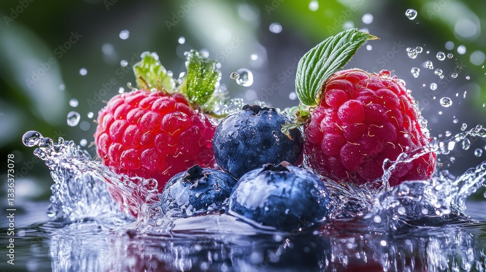 Poster fresh raspberries and blueberries with water splashing around them