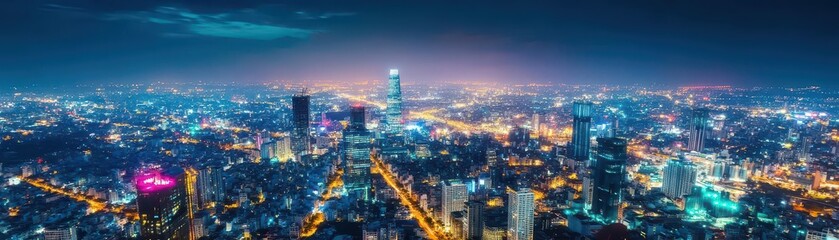 Fototapeta premium Aerial Timelapse of Ho Chi Minh City Skyline at Night, Vietnam