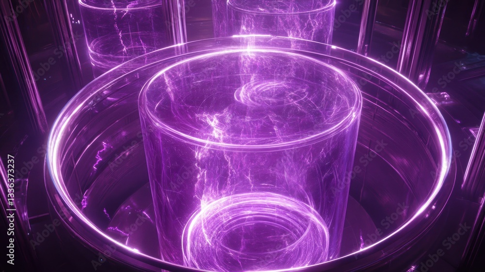 Poster futuristic glowing cylinders enclosed in geometric circular structures