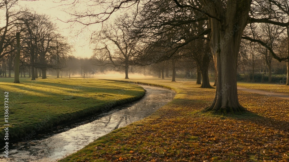 Poster a serene park scene featuring a flowing stream and trees