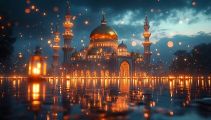 Fototapeta premium Majestic Golden Mosque Night Reflection Peaceful Scene Tranquil Spiritual Islamic Architecture 