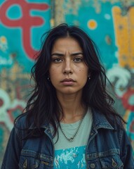 Fototapeta premium latin Hispanic middle age girl serious on casual street clothing bright morning background model portrait pose close up