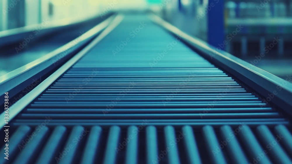 Poster a long perspective view of a factory conveyor system