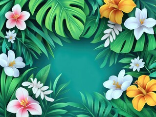 Naklejka premium Vibrant Tropical Floral Frame with Lush Green Leaves and Colorful Flowers
