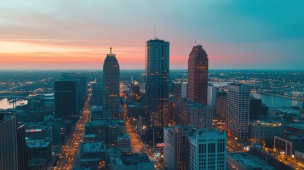 Obraz premium Aerial view of downtown Detroit at twilight