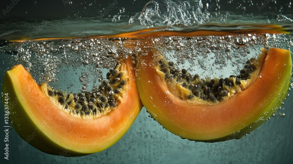 Poster two papaya slices submerged in the water with bubbles