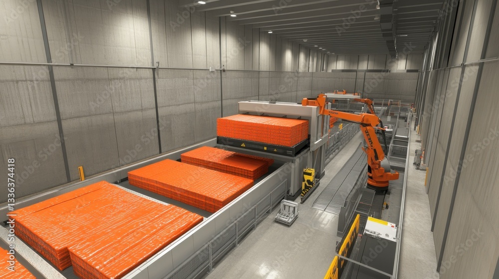 Poster Industrial factory robots handling and moving orange packaged materials