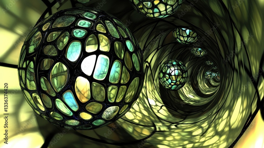 Poster spherical objects with a geometric pattern flowing through a tunnel