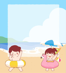 Sea, Beach, Children, Tube, Summer Vacation, Kids, Cute, Character, Parasol, Sunbed, Sky, Summer