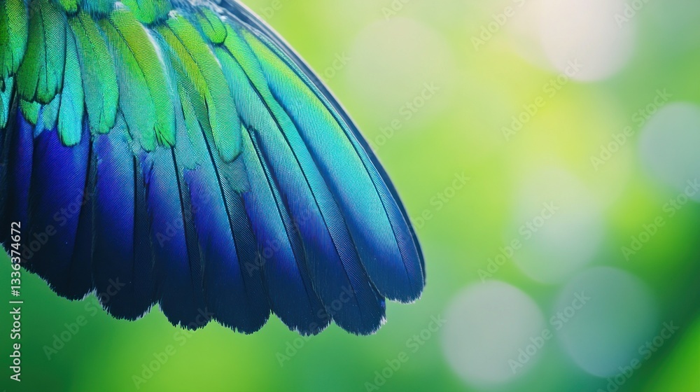Poster close up of iridescent bird feathers with green blurred background