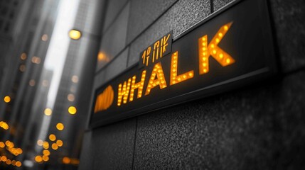 Urban Street Sign with Illuminated Walk Pedestrian Symbol at Night