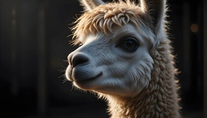 Close Up Portrait of an Alpaca Against Dark Background