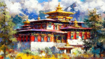 A painted colorful temple nestled between mountains and green trees