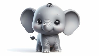 Fototapeta premium Cute 3D baby elephant with floppy ears and tiny curled trunk isolated