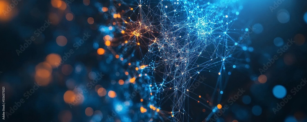 Poster abstract digital network with glowing blue and orange connections, representing data flow and interc