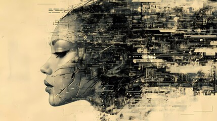 Obraz premium A high-tech cybernetic woman with neon-lit circuits and a digital interface, representing the fusion of humanity and AI in a graphic novel style.