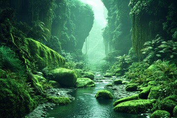 Scenic view of moss-covered rocks by a riverbank.
