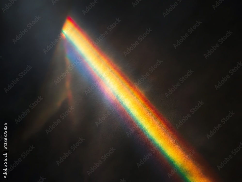 Poster light beam refracting, creating rainbow spectrum effect on dark background.