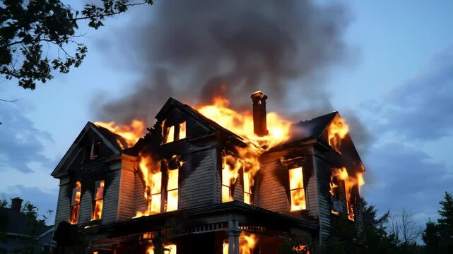 Flames devour the house, and smoke rises into the sky, causing alarm among residents of a quiet area in the evening hours of a summer night.