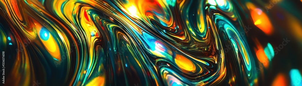 Poster Abstract flowing colorful liquid with shiny glowing reflections depicted visually