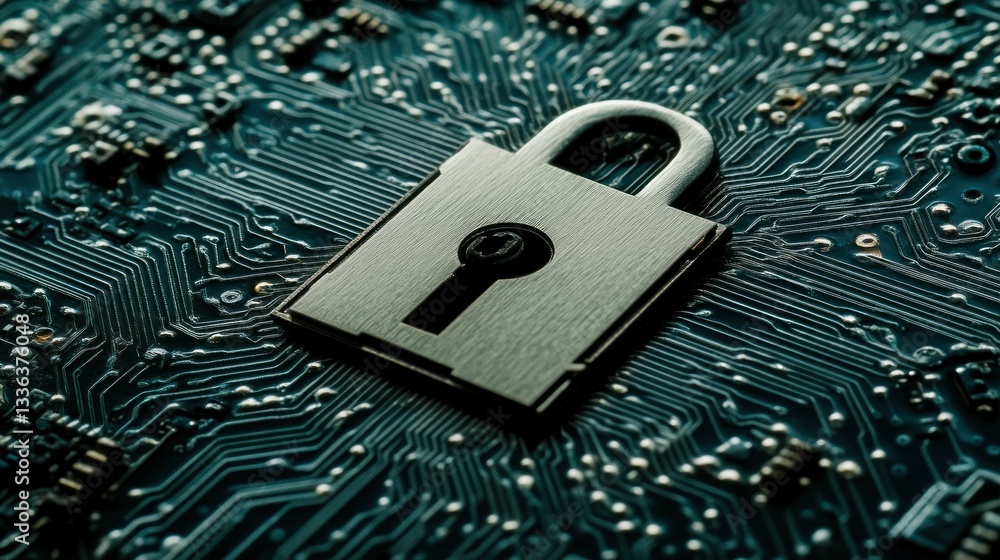 Poster a digital padlock on top of an intricate circuit board