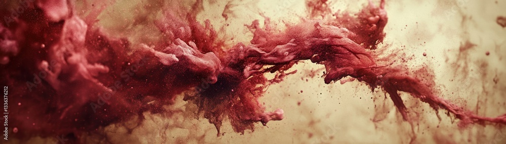 Poster abstract composition featuring flowing red ink dispersing in liquid medium
