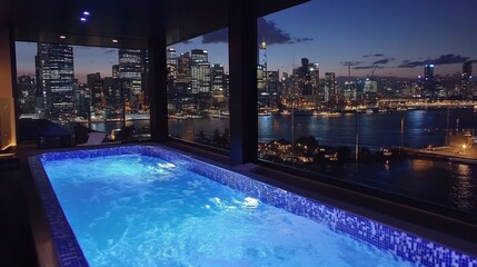 Obraz premium A rooftop hot tub overlooks a city skyline at nightfall