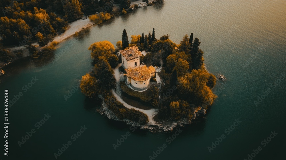 Poster a small island holds architecture surrounded by serene water and trees