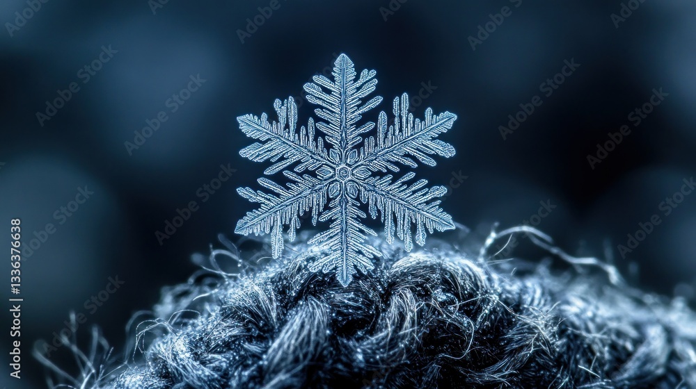 Poster a delicate crystalline snowflake resting gently on a fibrous surface